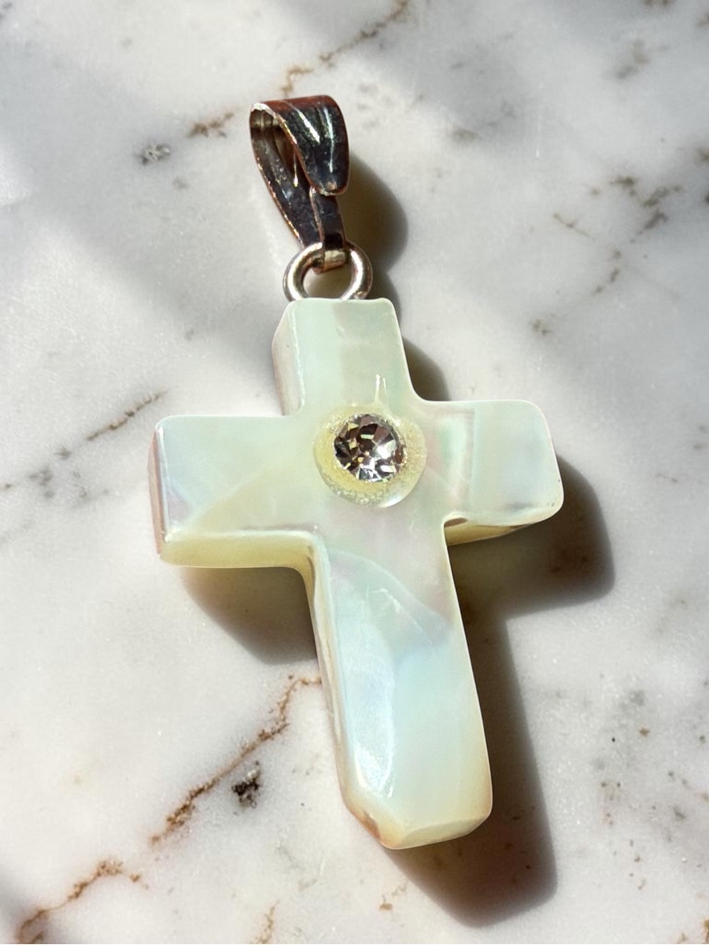 Mother of Pearl Cross Pendant Clear Crystal Dainty Christian Faith Jewelry